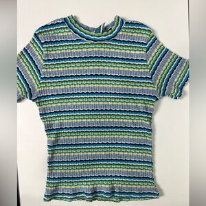 Vintage 90s Ribbed Stripe Short Sleeve Tee in Blue & Green